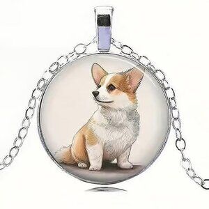 Silver CORGI Dog Glass Cabochon Pendant Necklace